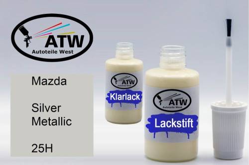 Mazda, Silver Metallic, 25H: 20ml Lackstift + 20ml Klarlack - Set, von ATW Autoteile West.